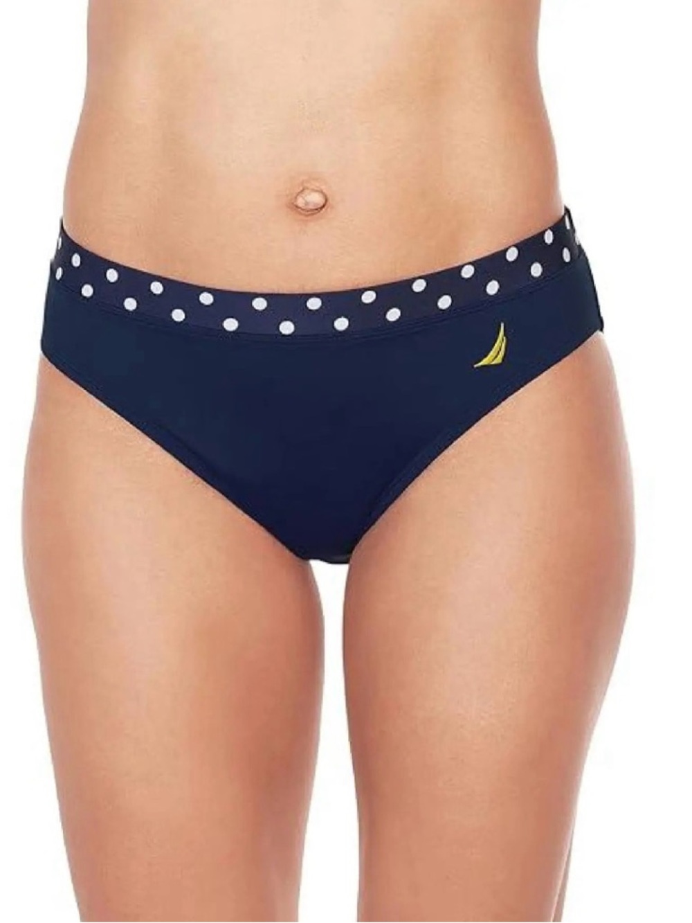 Nautica Navy Bikini Bottoms with White Polka Dot Waistband and Yellow Logo